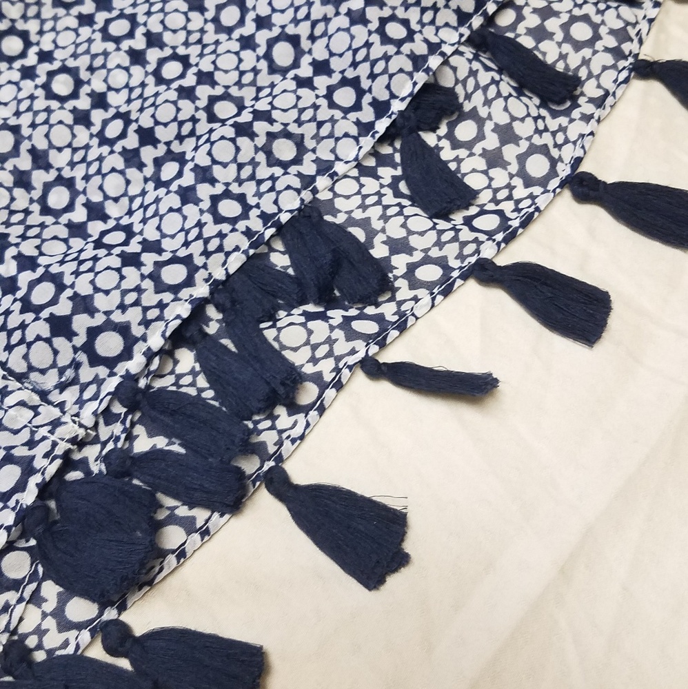 Blue and White Tassled Infinity Scarf